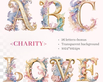 Charity Virtue Alphabet | Transparent PNG SVG | Medieval Illuminated Letters | Gold Pastel letters | Personalized Initials | Commercial Use