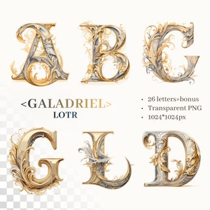 Alfabeto de Galadriel / Clipart de la Tierra Media / PNG SVG transparente / Letras iluminadas de estilo élfico / Arte de fan de lotr / Uso comercial