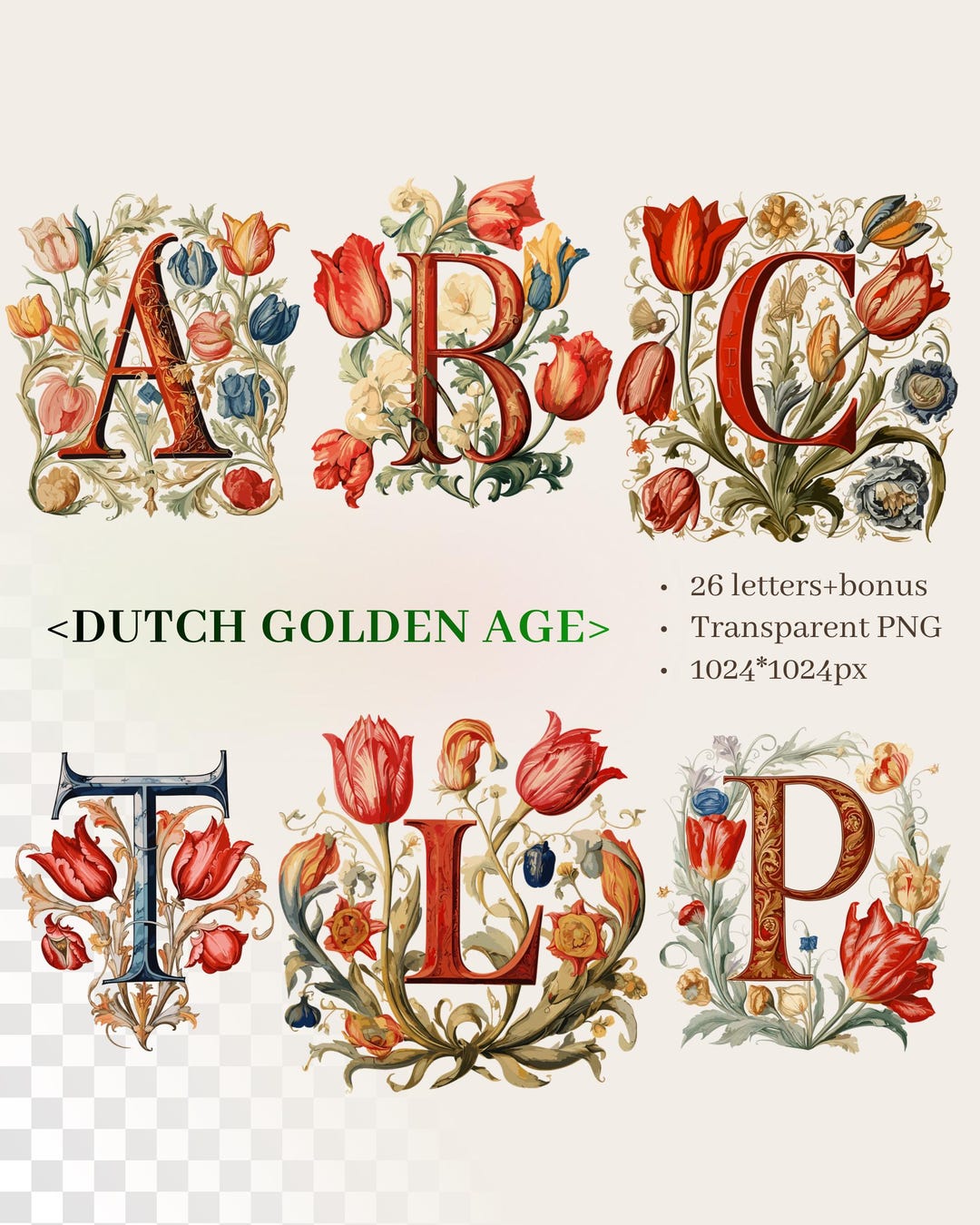 Tuple Letters Tulips Alphabet | Transparent PNG SVG | Illuminated Letters | Dutch ...
