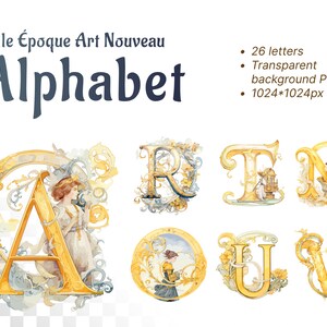 May include: A set of 26 alphabet letters in a gold and blue Art Nouveau style. Each letter is decorated with intricate floral designs and features a woman in a vintage dress. The letters are on a transparent background.