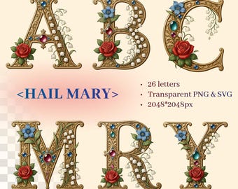 Hail Mary Alphabet | Medieval Illuminated Letter | Transparent PNG SVG | Catholic Monogram Set | Church Devotional Design | inc. Prayer Page