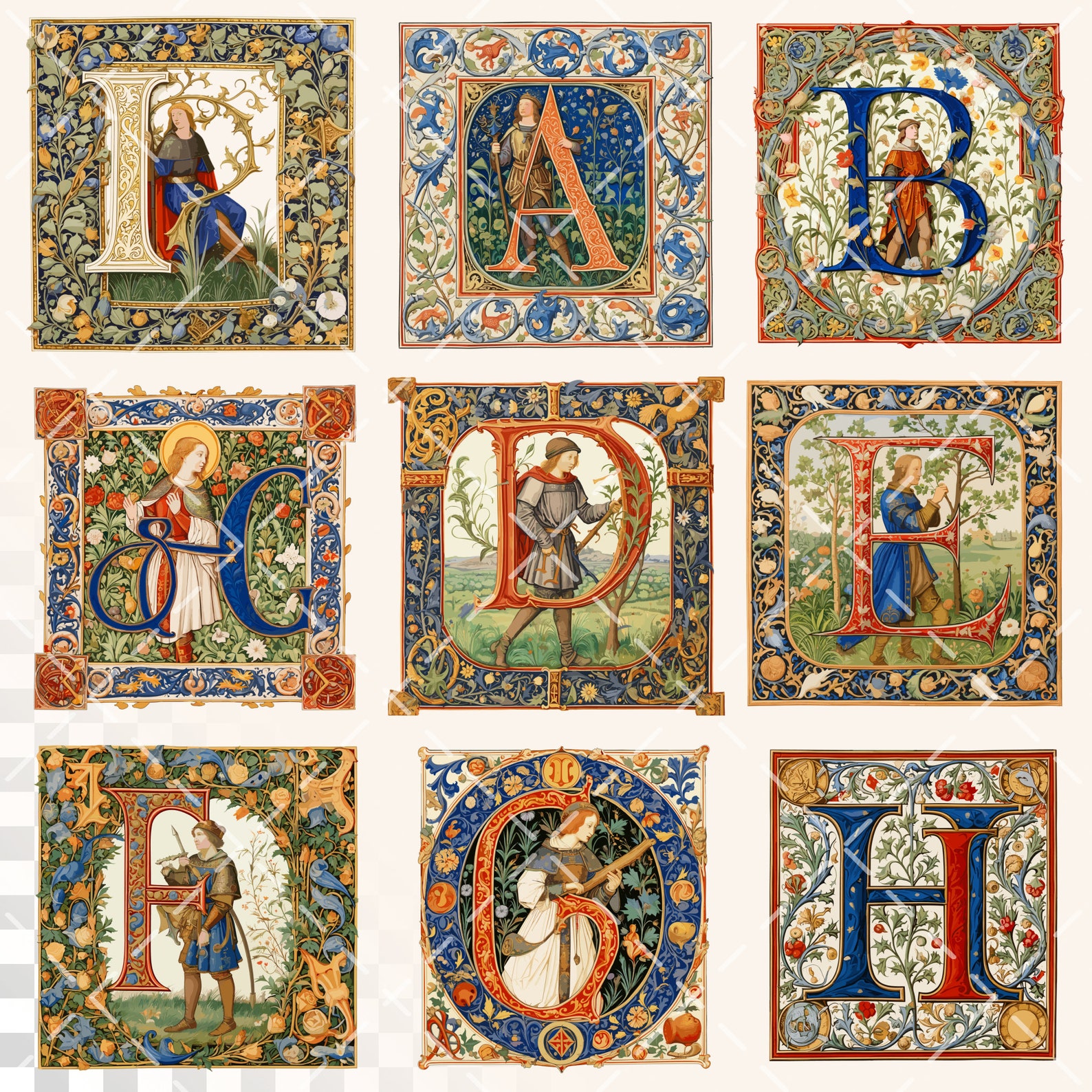 Pre-raphaelite Alphabet | Transparent PNG SVG | Illuminated Manuscript ...