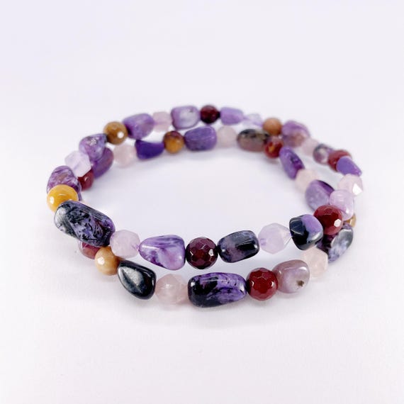 "Berry Dream" Beaded Bracelet, with Charoite, Mookaite, Rose quartz & Kunzite