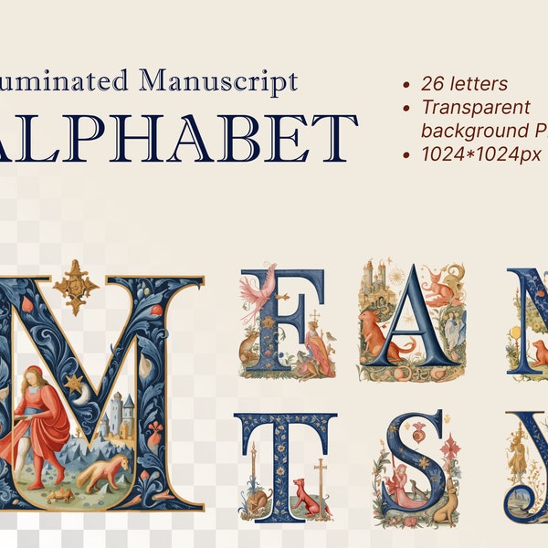 Medieval Castle Alphabet Bundle | Transparent PNG Download | Illuminated Manuscript Letters | Antique Initial Clipart | Printable Decor