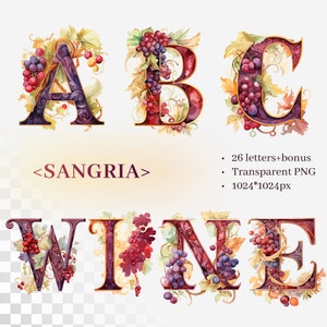 Alphabet de la sangria d'été | PNG transparents SVG | Lettres lumineuses | Clipart vin de Dionysos | initiale personnalisée | Utilisation commerciale