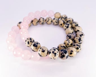 Dalmatian Jasper & Rose Quartz Beaded Bracelet, 8mm, Unique Christmas Birthday Gift for Her, Joy Protection Balance, Gemini Virgo Birthstone