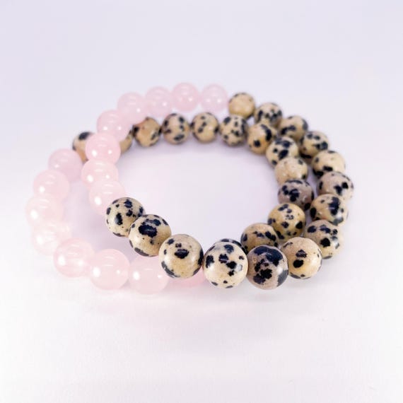 "Pink Dalmatian" Beaded Bracelet, in Dalmatian Jasper & Rose Quartz