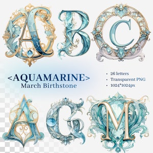 Aquamarine Alphabet | Transparent PNG SVG | Illuminated Letters | March Birthstone Initial | Gemstone Monogram | Art Nouveau Sublimation