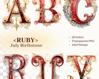 Ruby Alphabet | Transparent PNG SVG | Illuminated Letters | July Birthstone Initials | Gemstone Monogram Clipart | Art Nouveau Sublimation