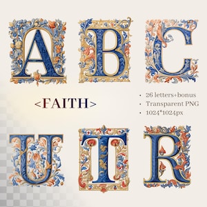 Puede incluir: Imagen de letras decorativas de estilo vintage, A, B, C, U, T y R, con bordes florales. Las letras son azules, doradas y naranjas. También aparece la palabra "FAITH".