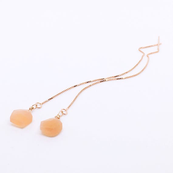 Peach Moonstone Threader Earrings, Faceted Pentagon & Sterling Silver Chain