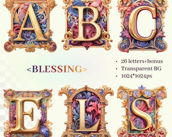Blessing Alphabet | Transparent PNG SVG | Ornate Medieval Illuminated Letters | Jewel Tones | Catholic Art | Christian Print |Commercial Use