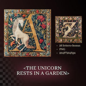 Medieval Unicorn Alphabet | PNG Download | Illuminated Letters | Hunt of the Unicorn | Garden Tapestries Poetcore Drop cap | Commercial Use