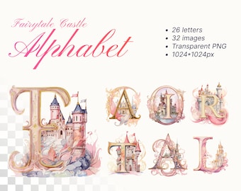 Fairytale Princess Castle Alphabet | Transparent PNG SVG | Watercolor Initial Clipart | Valentines | Birthday Invitation |Personalized Desig