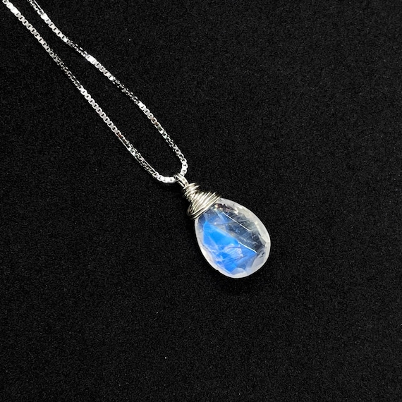 AAA Rainbow Moonstone Necklace, with Faceted Rainbow Flash 12mm Pear Shape Pendant
