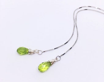Peridot Threader Earrings, Sterling Silver Ear Threaders, August Birthstone Jewelry, Genuine Peridot Earrings, valentines gift, Anniversary