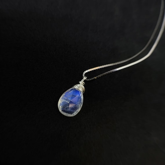 AAA Rainbow Moonstone Necklace, with 12mm Faceted Pear Shape Pendant
