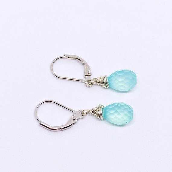 Aqua Chalcedony Earrings, Advent Calendar Fillers, Sterling Silver Threader Earrings, Teardrop Earrings,  Christmas gift, Bridesmaid Jewelry