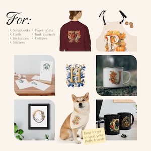 May include: A collection of decorative items featuring ornate letter designs. Includes a maroon sweatshirt, an apron, a mug, a framed print, a dog bandana, and two black mugs. The image also includes a calendar and a list of craft ideas.