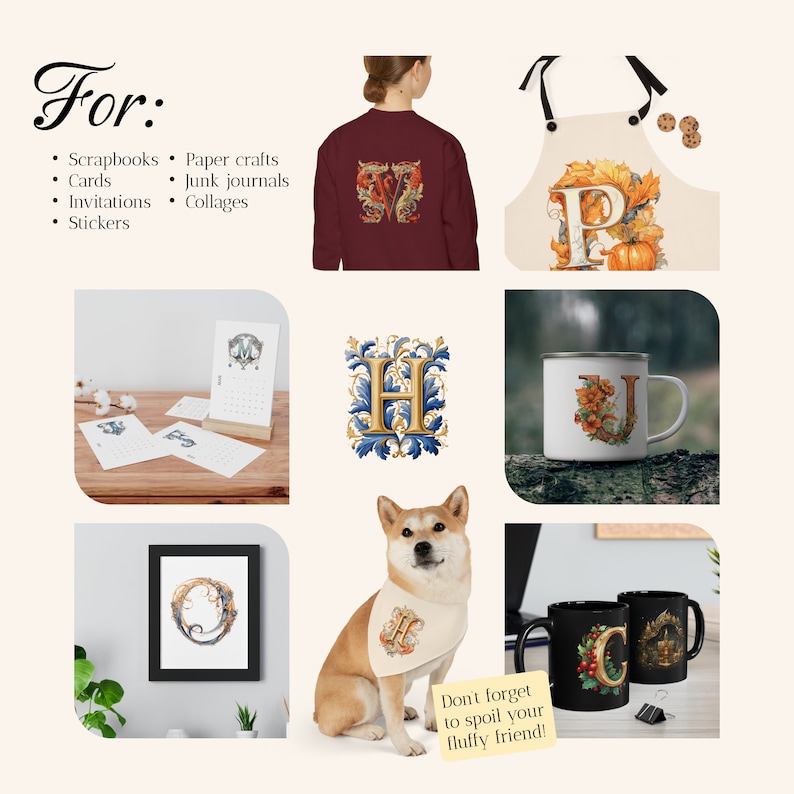 May include: A collection of decorative items featuring ornate letter designs. Includes a maroon sweatshirt, an apron, a mug, a framed print, a dog bandana, and two black mugs. The image also includes a calendar and a list of craft ideas.