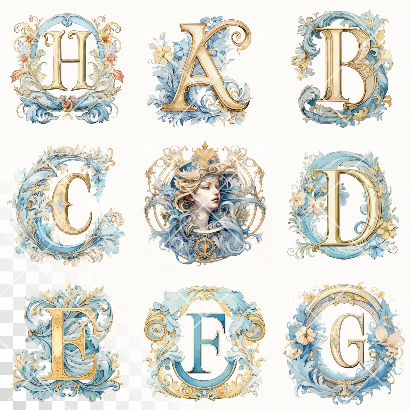 Rococo Lettering Rococo Alphabet | Transparent PNG Download | Watercolor Illuminated ...