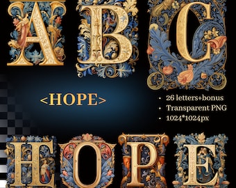 Hope Virtue Alphabet | Transparent PNG SVG | Gilded Medieval Illuminated Letters | Personalized Initials | Black Hours | Commercial Use