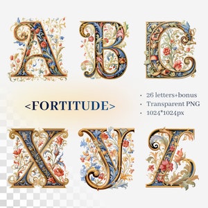 Alfabeto Fortitude Virtue | PNG SVG transparente | Letras iluminadas medievais | Iluminação gótica | Inicial de arte católica | Uso comercial