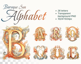 Baroque Alphabet Bundle | Transparent PNG Download | Watercolor Illuminated Letters | Gold Orange Initial Clipart | Monogram | Digital Print