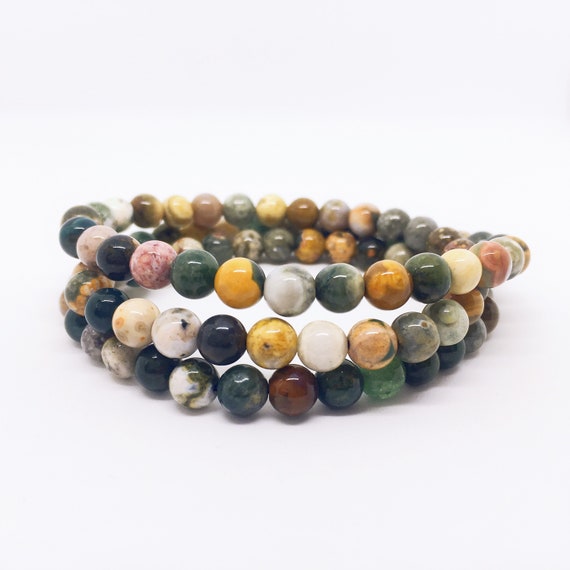 EvaDane Natural Ocean Jasper Gemstone Rope Bead Leo Charm Stretch Bracelet EvaDane Natural Ocean Jasper Gemstone Rope Bead Leo Charm Stretch Bracelet