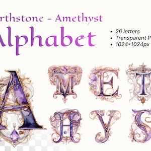 Alfabeto de amatista / PNG SVG transparente / Letra iluminada / Inicial de piedra natal de febrero / Monograma de piedra preciosa / Sublimación Art Nouveau