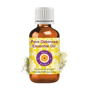 May include: An amber glass bottle with a white cap containing Pure Oakmoss Essential Oil. The yellow label features a white floral pattern, a purple circular logo with an orange flower, and the text Evernia prunastri Finest Quality Money Can Buy.