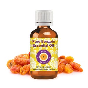 May include: A brown glass bottle of Pure Benzoin Essential Oil with a white cap. The yellow label features a purple circular logo with a flower, the text "dève herbes," "Styrax benzoin," and "Finest Quality Money Can Buy." Dried resin sits behind.