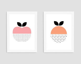 2 Fruit Scandinavian Kid Printables Set, Apple Wall Print, Orange Printable, Scandinavian Kid Print, Kid Wall Art, Nursery Wall Decor