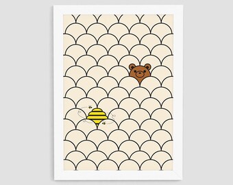 Bear Beehive Print, Bear Wall Art, Modern Bear Printable, Nursery Bear Print, Modern Bear Beehive Art, Bees Print, Nursery Wall Decor, P3