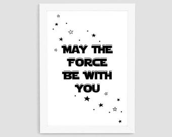 De Force kan Be With You afdrukbare, Star Wars Print, Scandinavische Kid afdrukken, Kid kunst aan de muur, zwart-wit afdrukken, kwekerij Wall Decor, P17