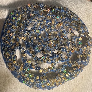 Royal Blue lace Hand crocheted Gold Metallic/Sequins 5 1/2”  ladies Yarmulah/kippah