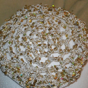 Sequins Lace 5 3/4~6&quot; ladies white/gold kippah crocheted yarmulkah