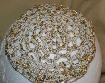 Sequins Lace 5 3/4~6" ladies white/gold kippah crocheted yarmulkah