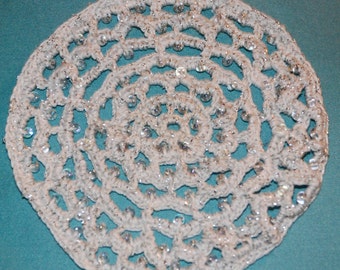 White and Silver Beaded 5" Hand Crocheted Lace Yarmulkah