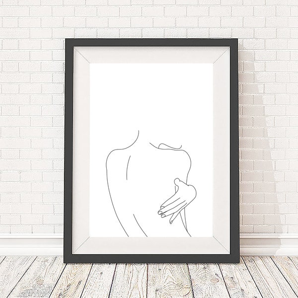 Minimal line drawing of woman's back, figurative art print, black and white illustration, 5x7, A5, 8x10, A4, 11x14 and A3 sizes available