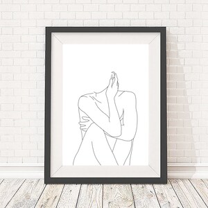 Art print, minimal line drawing of woman's nude body, black and white illustration, 5x7, A5, 8x10, A4, 11x14 and A3 sizes available image 1