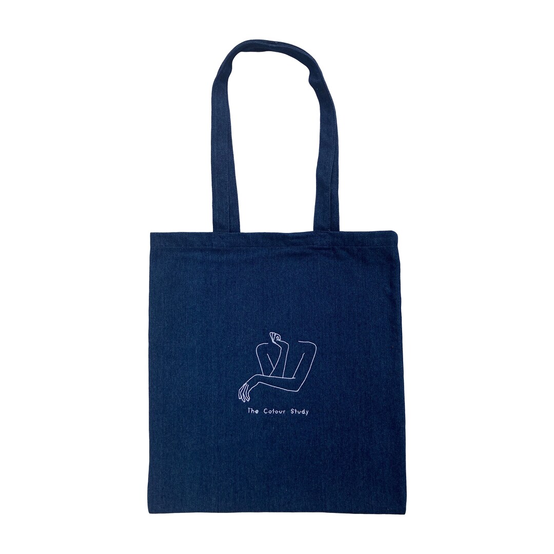 Embroidered Indigo Denim Cotton Tote Bag, White Satin Stitch Figure