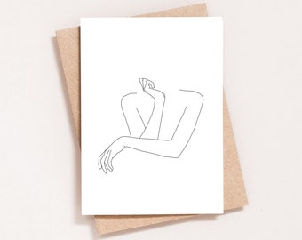 Crossed arms illustration, black and white illustration, figure line drawing, blank greeting card, add message, free UK delivery