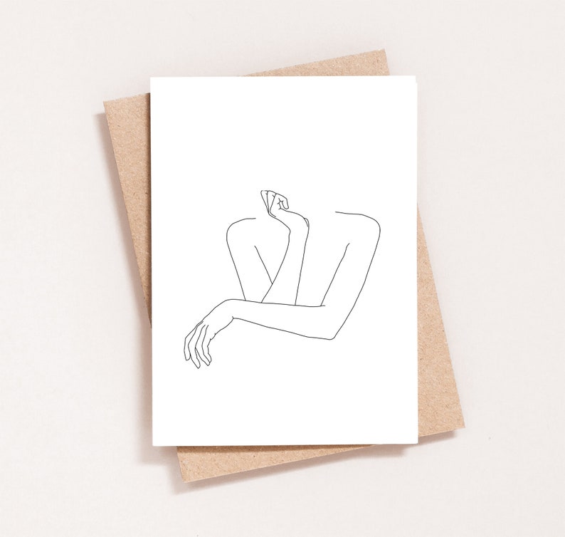 Crossed arms illustration, black and white illustration, figure line drawing, blank greeting card, add message, free UK delivery image 1