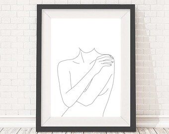 Minimalist line drawing illustration, black and white simple art print, female figure, 5x7, A5, 8x10, A4, 11x14 and A3 sizes available