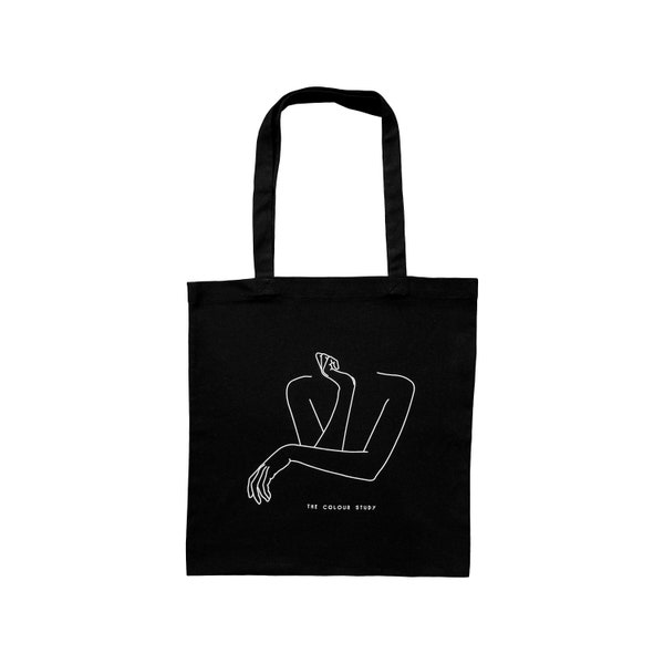 Black heavy cotton tote bag, figure illustration screen print