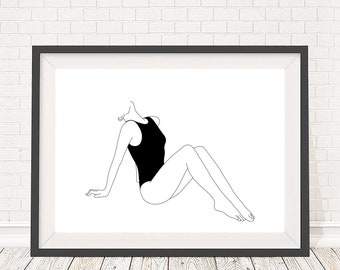 Fashion illustration line drawing, black and white illustration, minimalist artwork, 5x7, A5, 8x10, A4, 11x14 and A3 sizes available