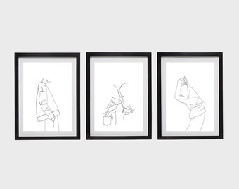 Set of 3 art prints, minimal black and white fashion illustrations, 5x7, A5, 8x10, A4, 11x14 and A3 sizes available