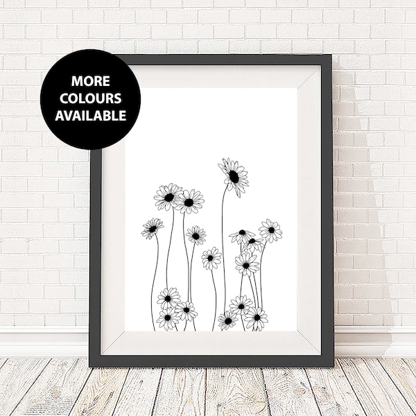 Framed or Unframed Daisies Botanical Line Drawing, Black and White Floral Daisy Art Print, 5x7, A5, 8x10, A4, 11x14 and A3 sizes available