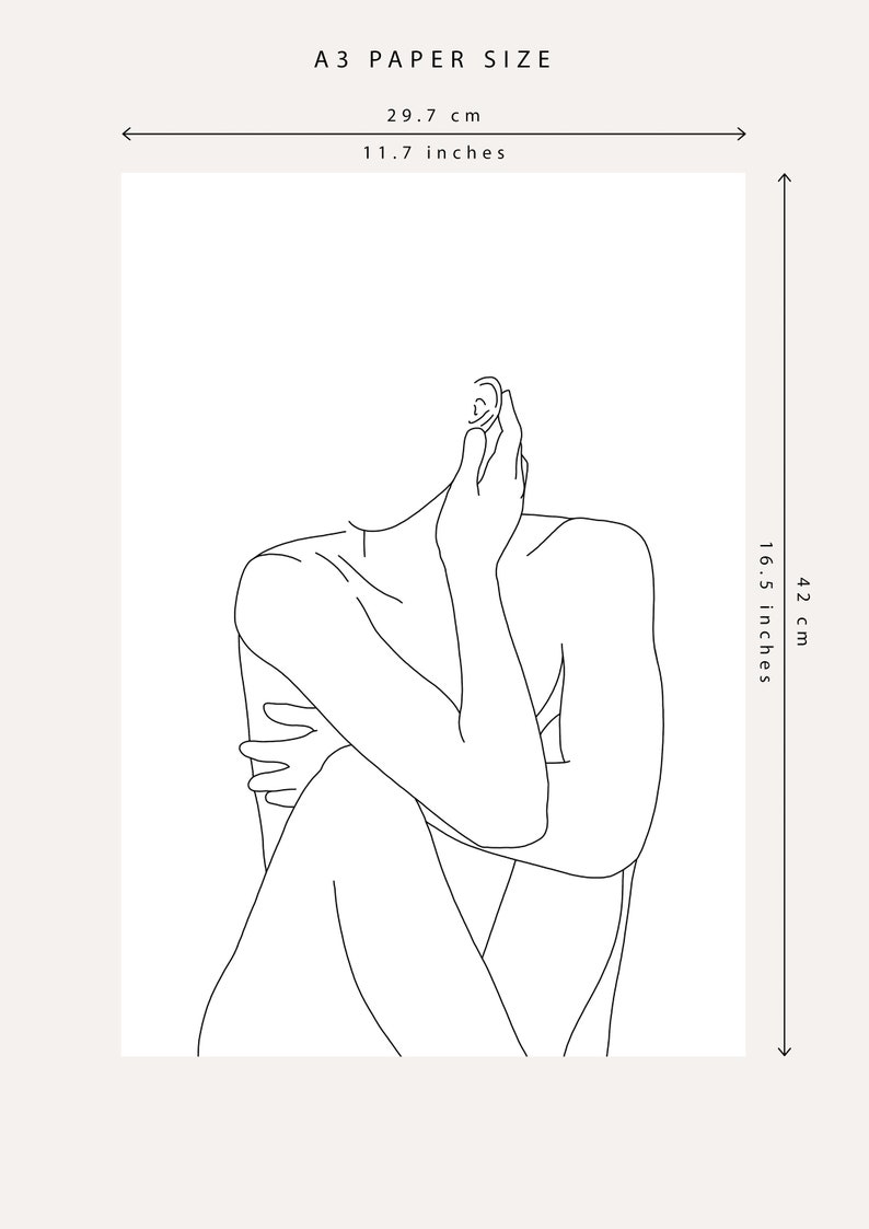Art print, minimal line drawing of woman's nude body, black and white illustration, 5x7, A5, 8x10, A4, 11x14 and A3 sizes available image 5